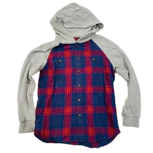 Cat & Jack Red Blue Plaid Gray Raglan Hooded Button Up Flannel Shirt Kid’s M